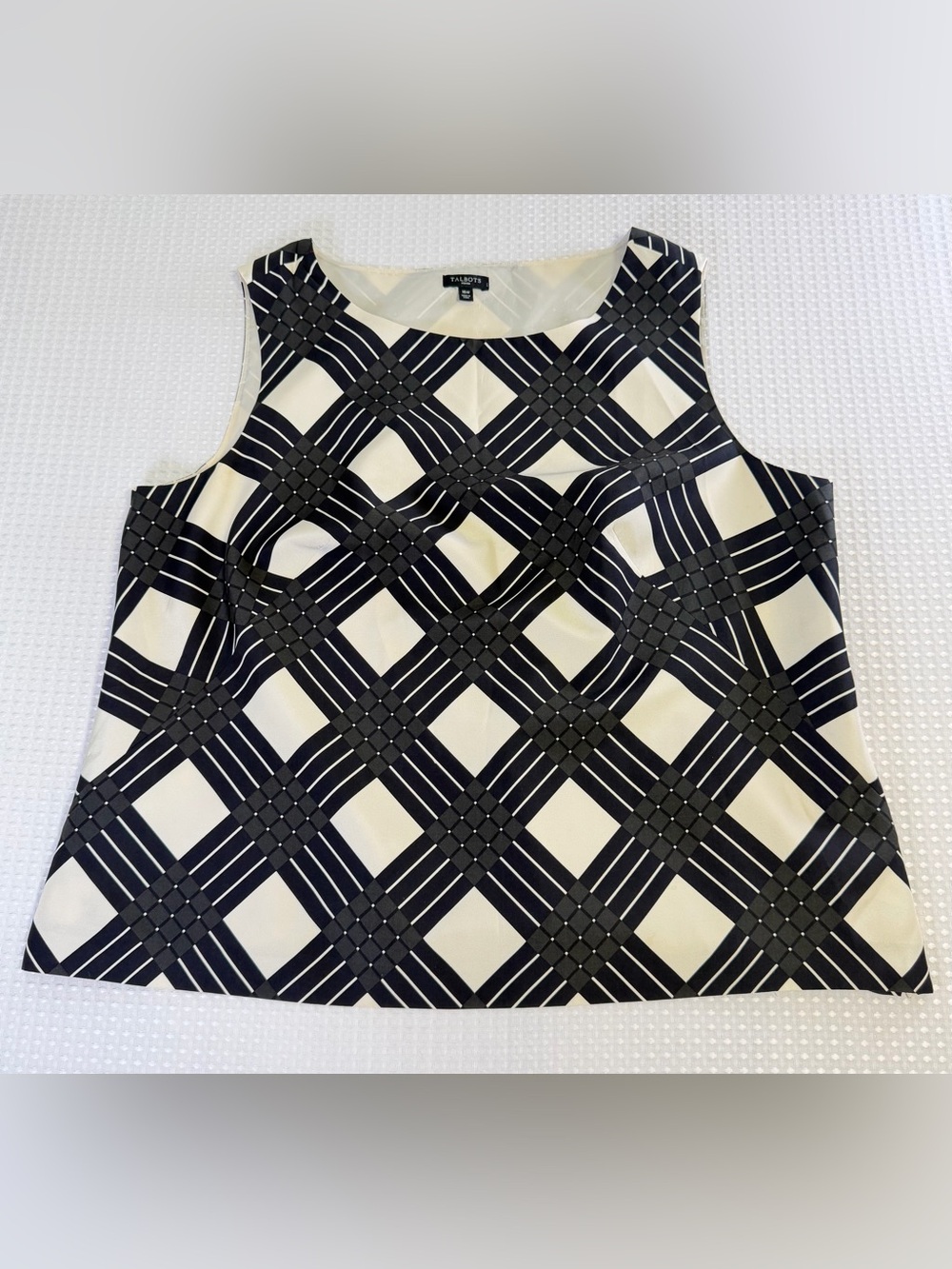 Talbots 100% Silk Sleeveless Blouse Black Cream Geometric Shell Classic Size 16W